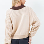 Contrast Collar Cable Pointelle Sweater - sand with brown collar, womens sweater collection
