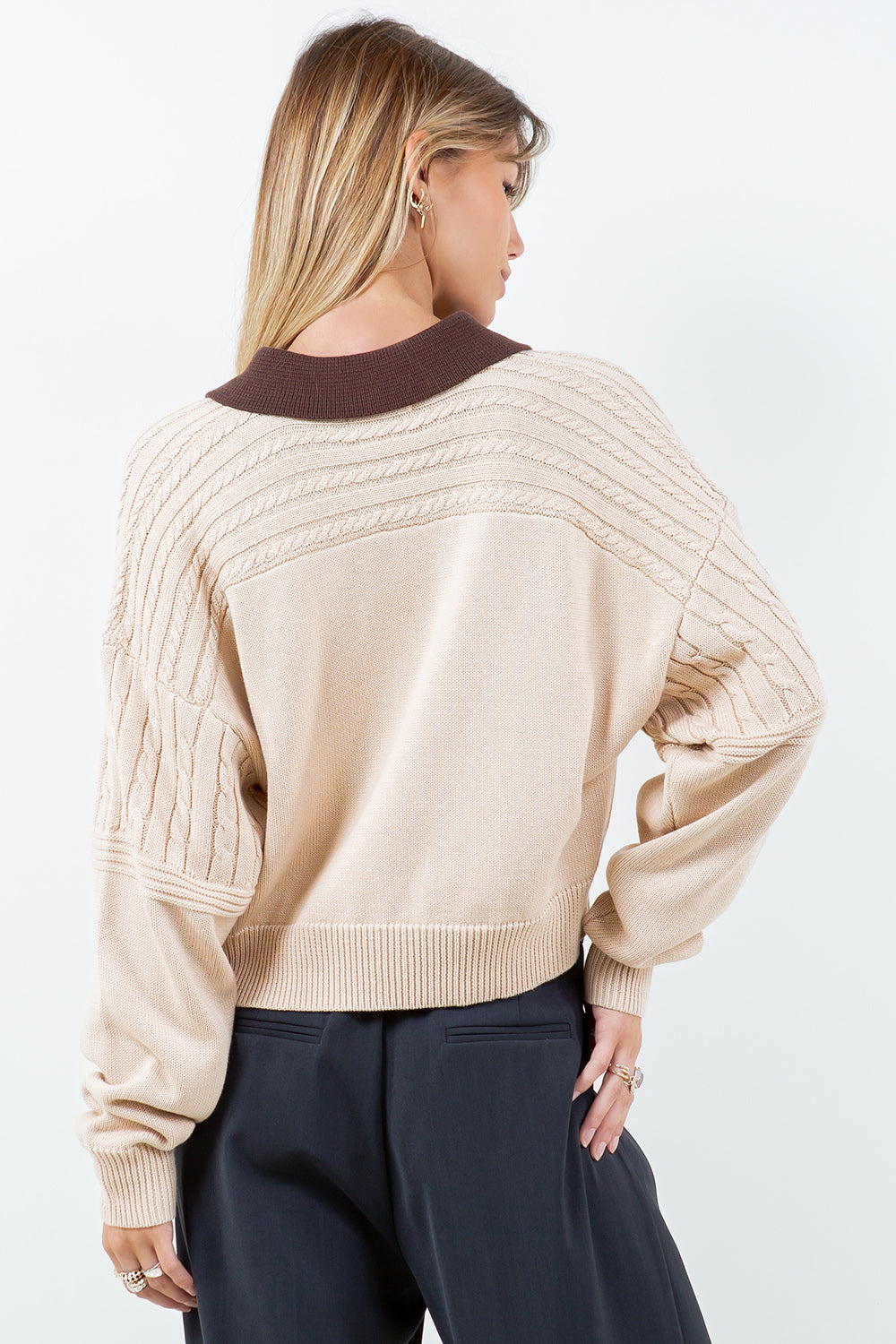 Contrast Collar Cable Pointelle Sweater - sand with brown collar, womens sweater collection