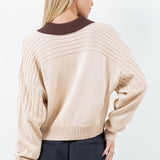 Contrast Collar Cable Pointelle Sweater - sand with brown collar, womens sweater collection
