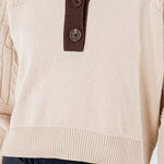 Contrast Collar Cable Pointelle Sweater - sand with brown collar, womens sweater collection