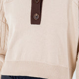 Contrast Collar Cable Pointelle Sweater - sand with brown collar, womens sweater collection