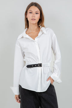 Belted Button Down Top - white, womens top collection