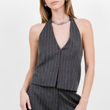 Rhinestone Pinstripe Halter Top - charcoal, womens top/matching set collection