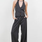 Rhinestone Pinstripe Halter Top - charcoal, womens top/matching set collection