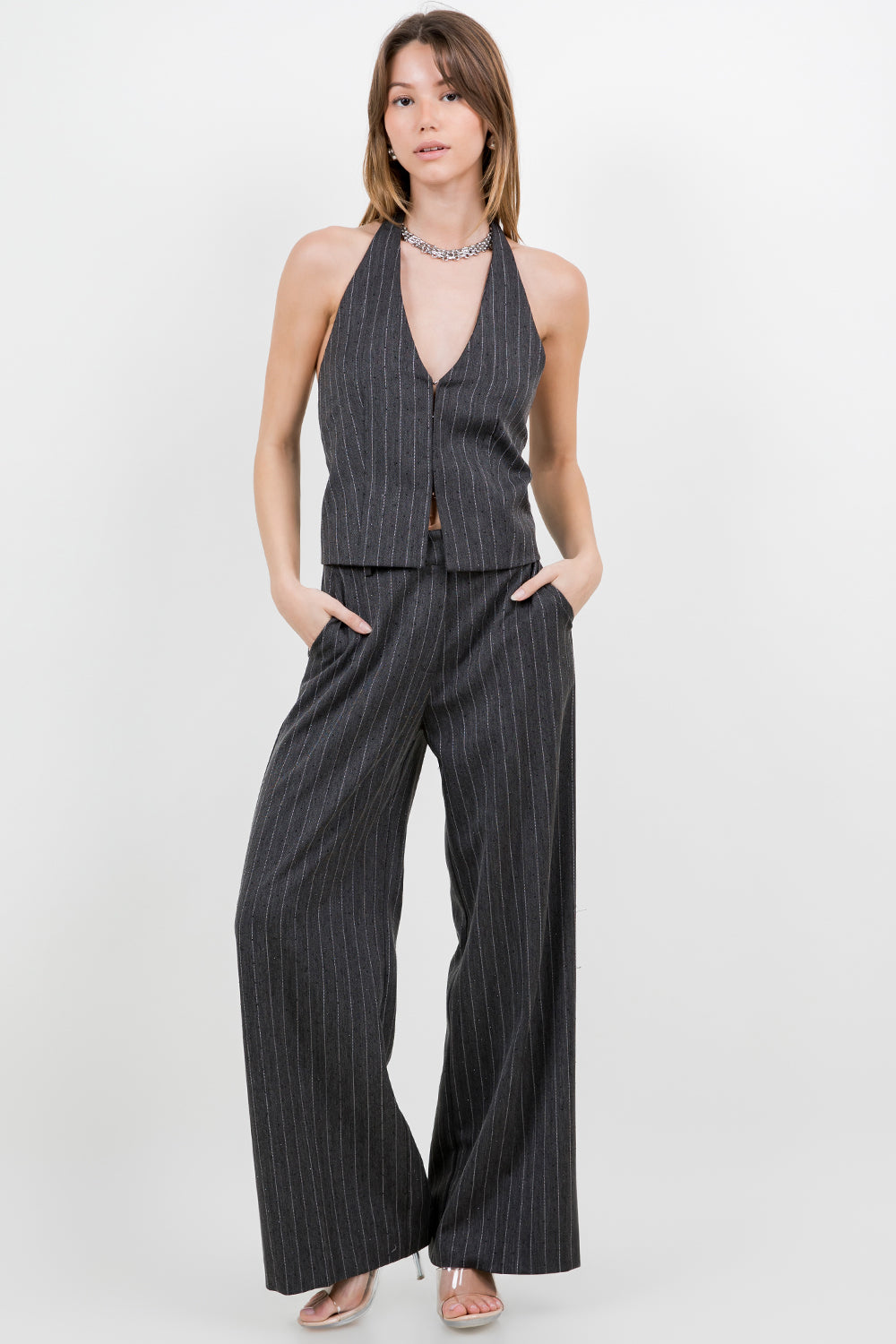 Rhinestone Pinstripe Halter Top - charcoal, womens top/matching set collection