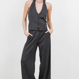 Rhinestone Pinstripe Halter Top - charcoal, womens top/matching set collection