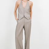 Rhinestone Pinstripe Halter Top - taupe, womens top/matching set collection