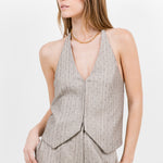 Rhinestone Pinstripe Halter Top - taupe, womens top/matching set collection