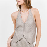 Rhinestone Pinstripe Halter Top - taupe, womens top/matching set collection