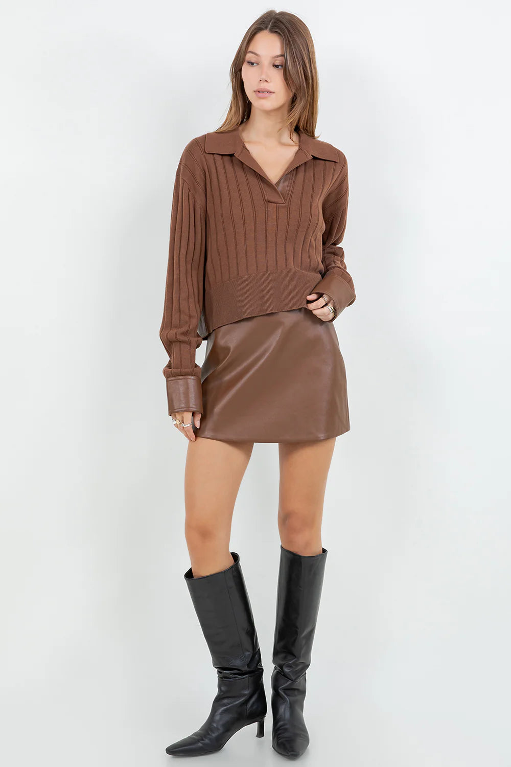 Faux Insert Long Sleeve Top - Brown, Women's Tops Collection
