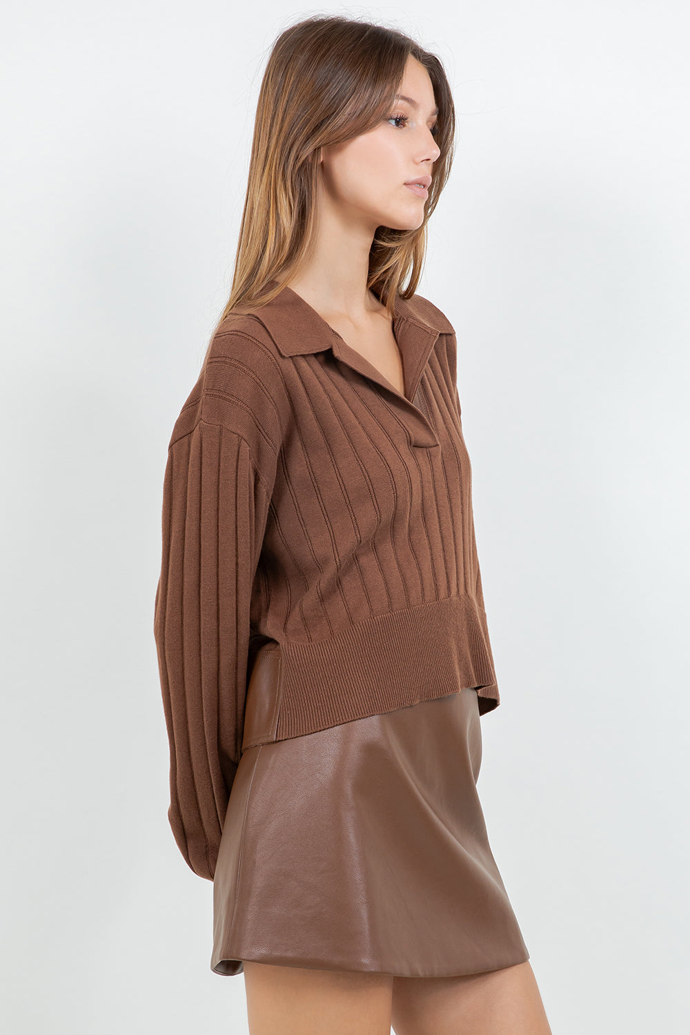 Faux Insert Long Sleeve Top - Brown, Women's Tops Collection