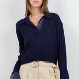 Faux Insert Long Sleeve Top - Navy, Women's Tops Collection