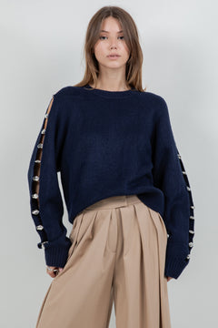 Metallic Accent Knitted Pullover Sweater - navy, womens sweater collection