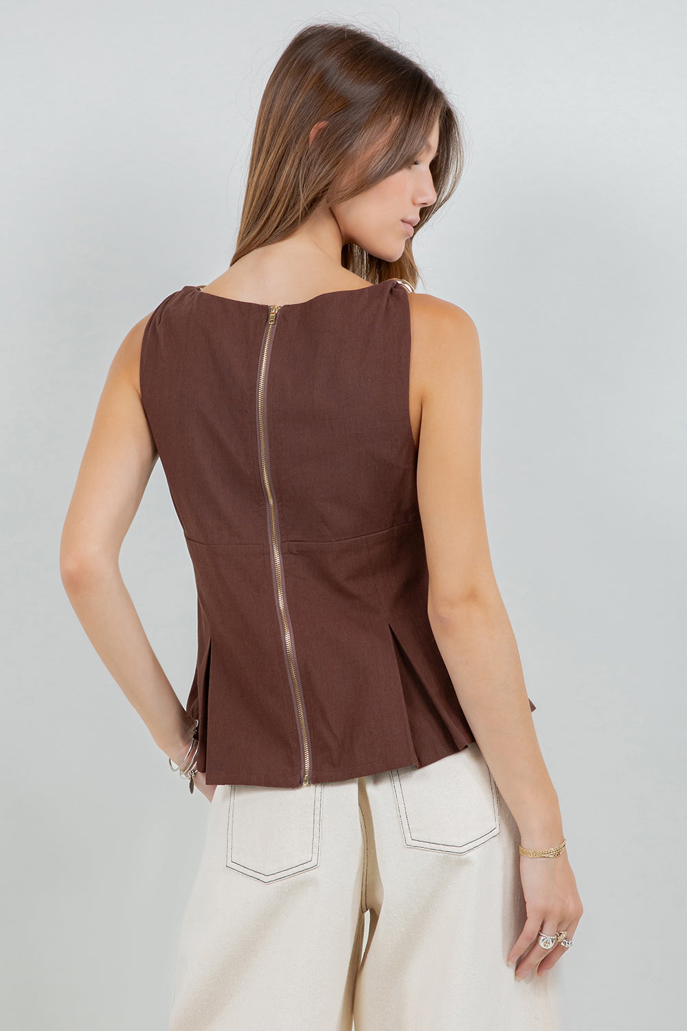 Metallic Sleeveless Blouse - brown, womens top collection