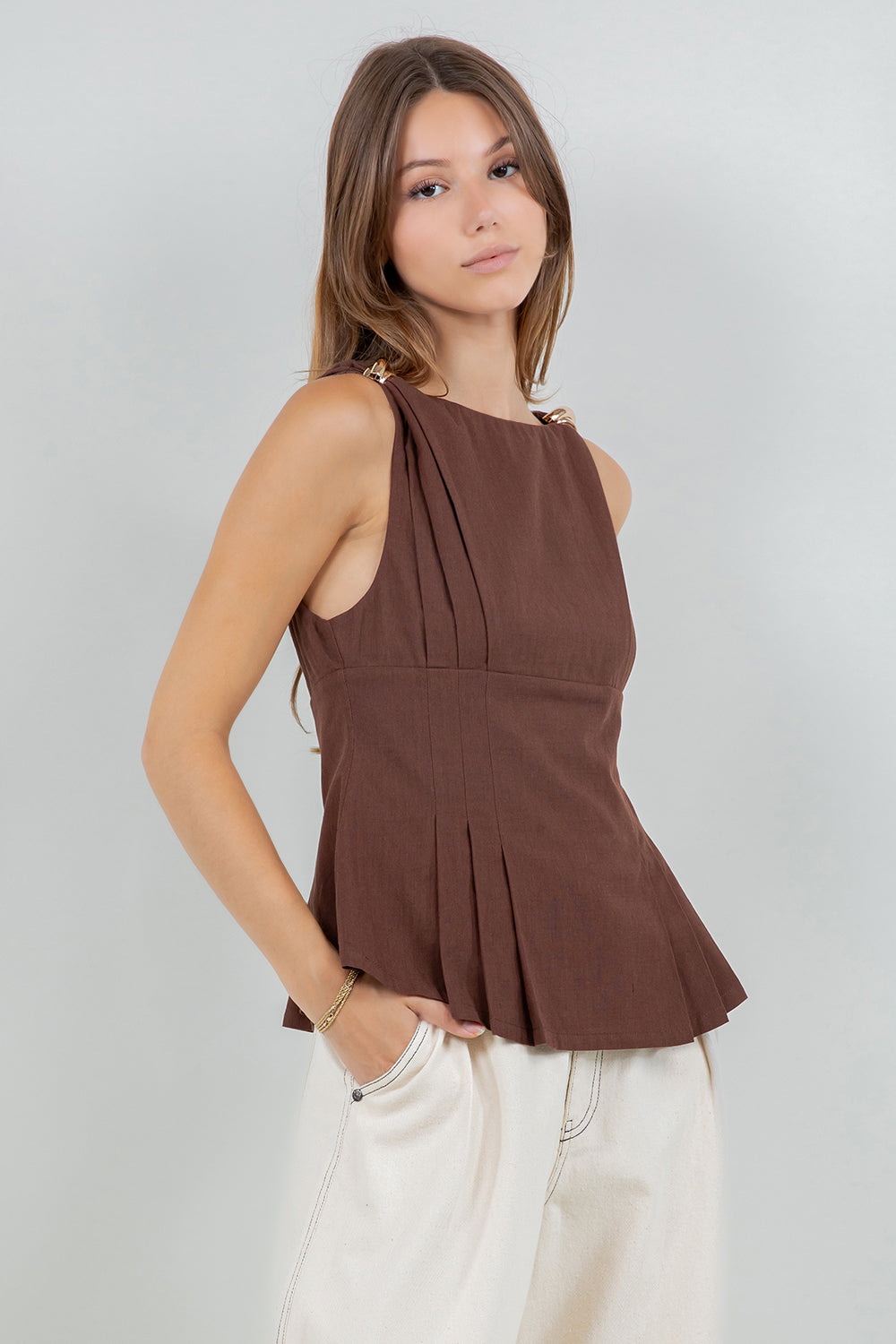 Metallic Sleeveless Blouse - brown, womens top collection
