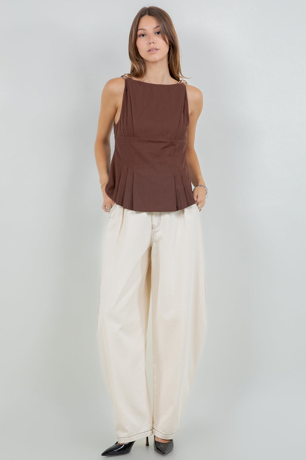 Metallic Sleeveless Blouse - brown, womens top collection