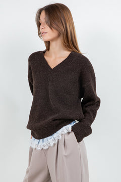V Neck Sweater With Satin Lace Underlay