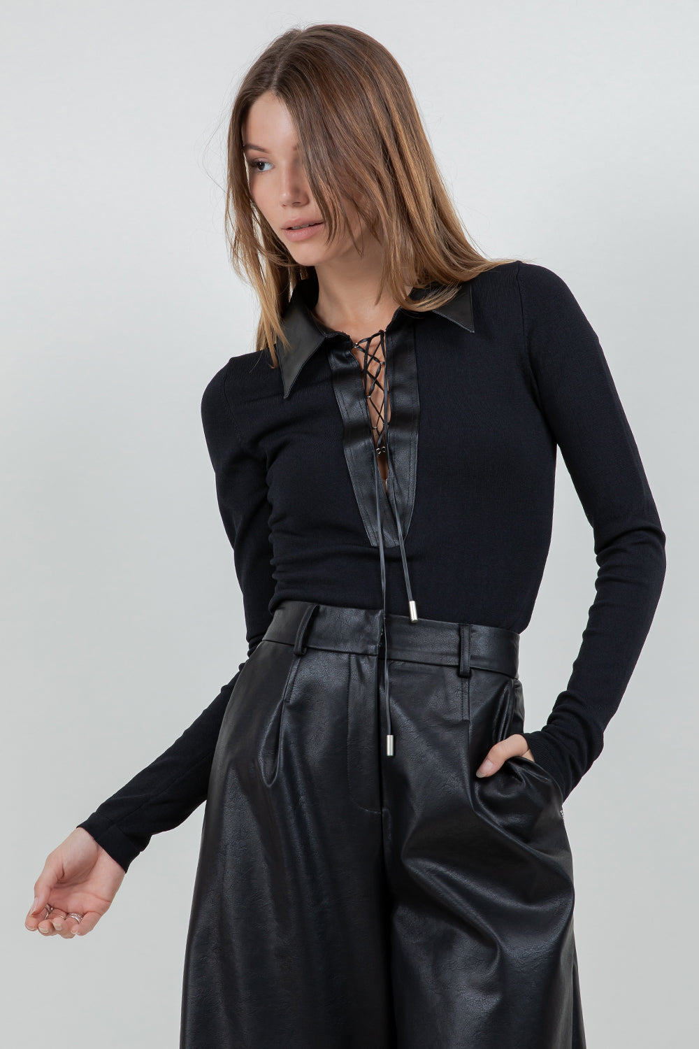 Faux Leather Collared Sweater - BLACK, WOMENS SWEATER COLLECTION