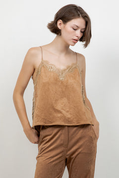 Lace Edge Accent Suede Sleeveless Top