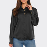 Gold Button Satin Effect Top - black with 2 gold buttons, womens top collection