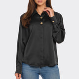 Gold Button Satin Effect Top - black with 2 gold buttons, womens top collection