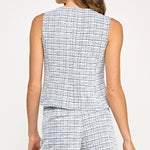 Gold Button Tweed Vest - blue multi, womens top/matching set collection