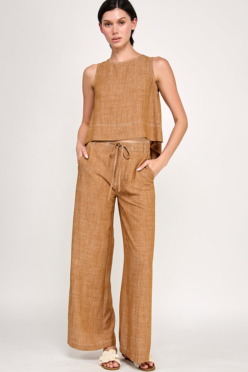 Linen Stitch Wide Pant - brown, womens top/matching set collection