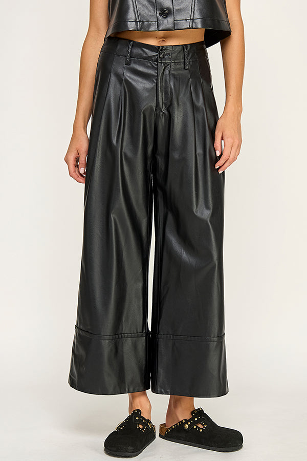 Wide Leg Leather Pant - black, womens pant collection