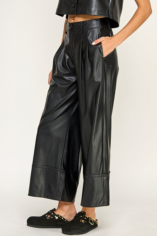 Wide Leg Leather Pant - black, womens pant collection