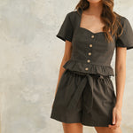 Stretch Cotton Button Front Top - Charcoal, Women's Tops Collection