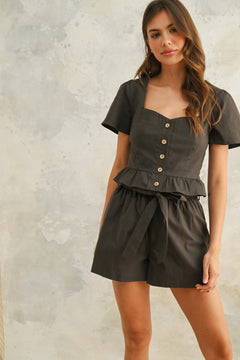 Stretch Cotton Button Front Top - Charcoal, Women's Tops Collection