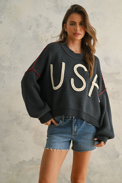 USA Rope Letter Sweater - Navy, Women's Tops Collection