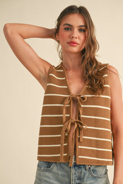 Stripe Knit Vest Tie Front