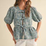 Denim Jacquard Bow Front Blouse