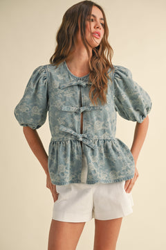 Denim Jacquard Bow Front Blouse