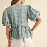 Denim Jacquard Bow Front Blouse