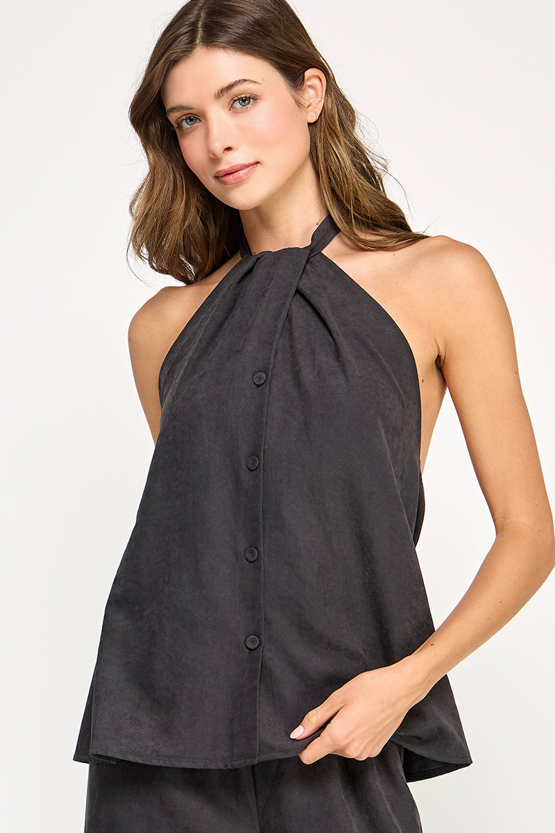 Halter Vest With Button Front - black, womens top/matching set collection