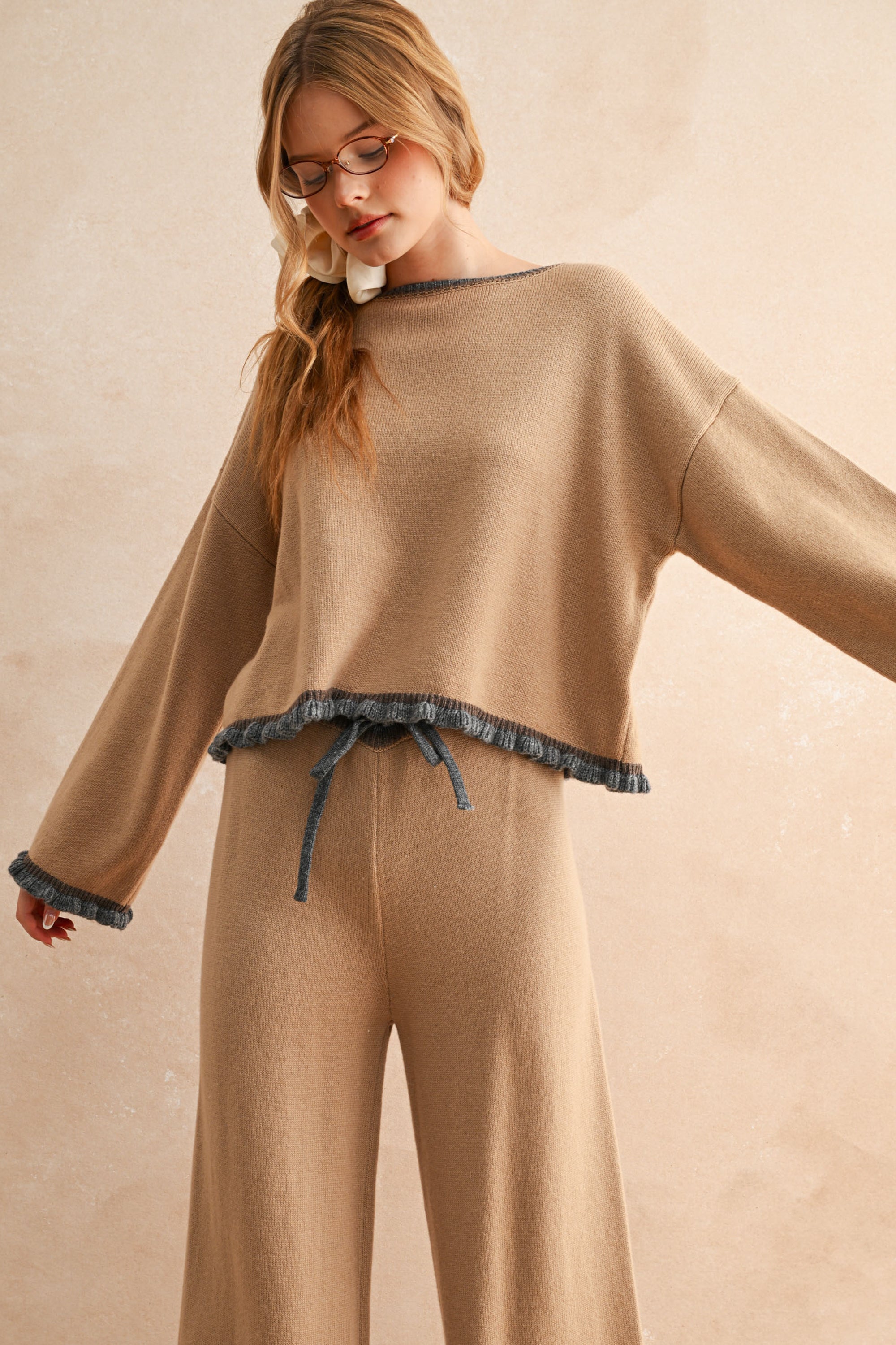 Ruffle Bottom Hem Sweater - grey/mocha, womens top/matching set collection