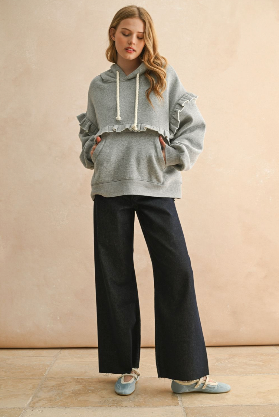 Ruffle Detail Sweatshirt - Heather Grey, Women's Tops Collection