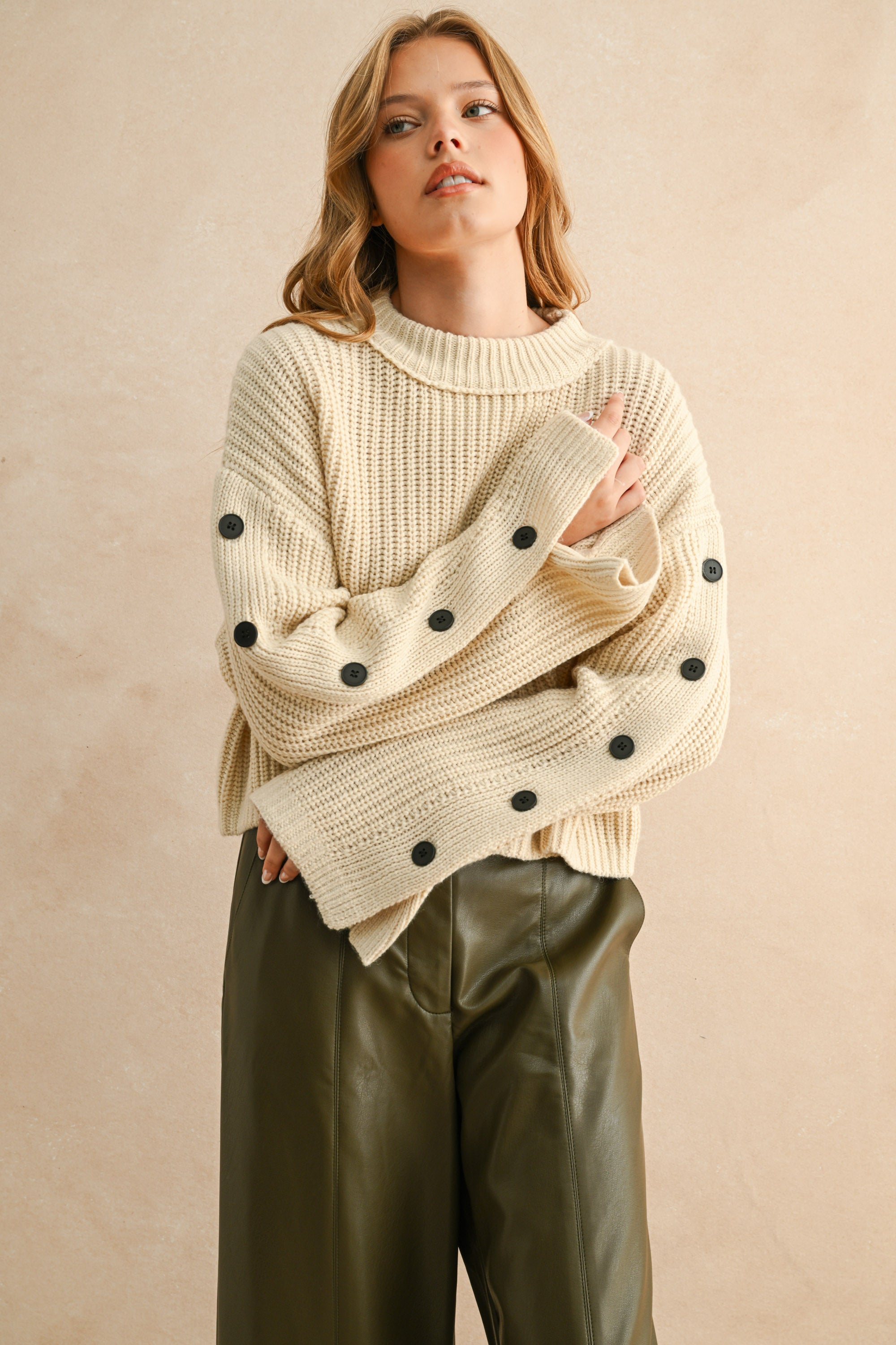 Wide Neck Long Sleeve Sweater Top - beige, womens sweater collection