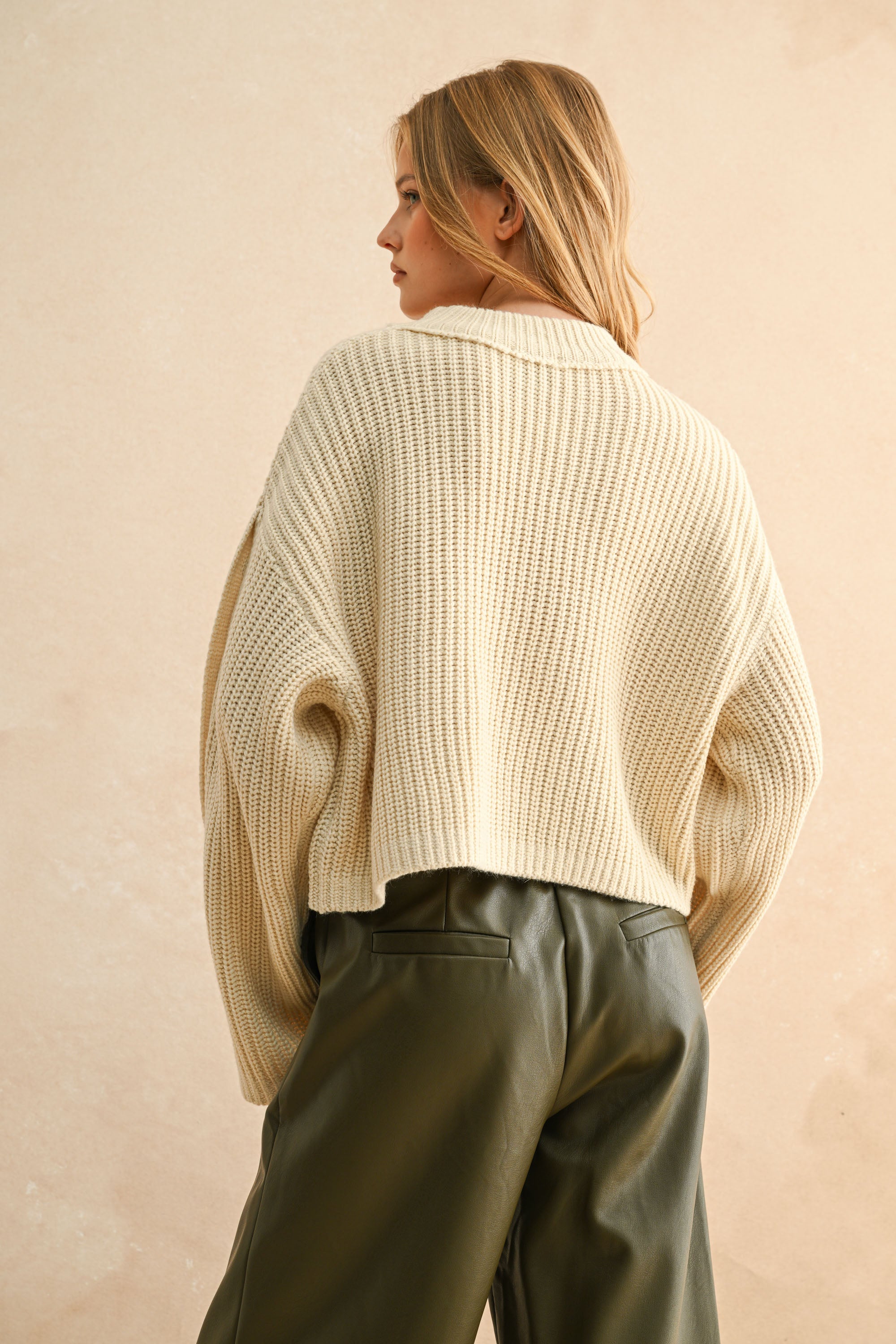Wide Neck Long Sleeve Sweater Top - beige, womens sweater collection
