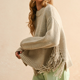 Fringe Bottom Detail Sweater - stone, womens sweater collection
