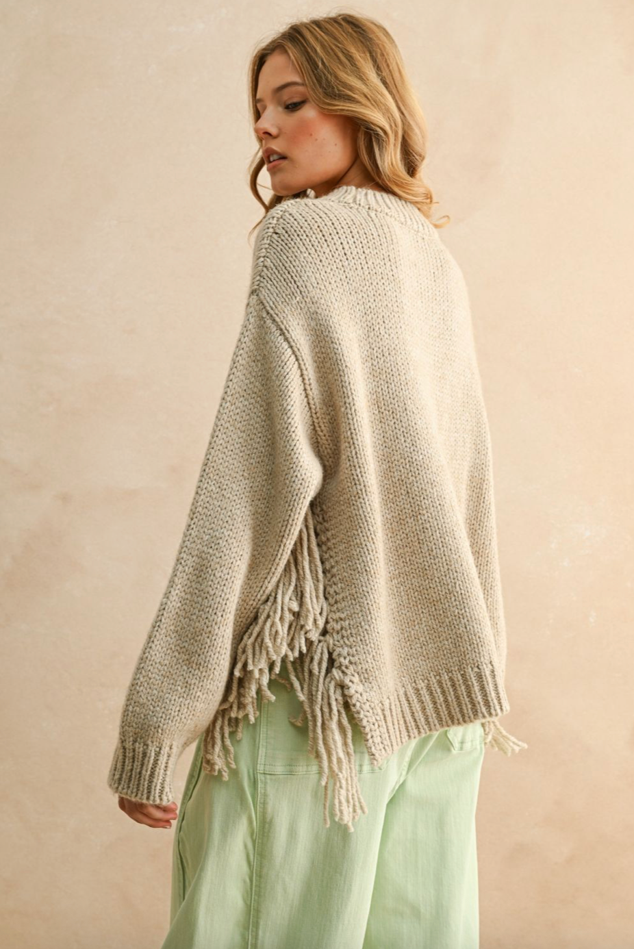 Fringe Bottom Detail Sweater - stone, womens sweater collection