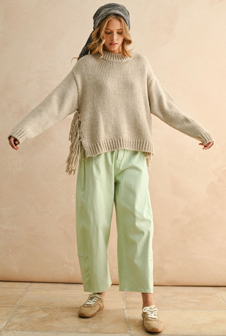 Fringe Bottom Detail Sweater - stone, womens sweater collection