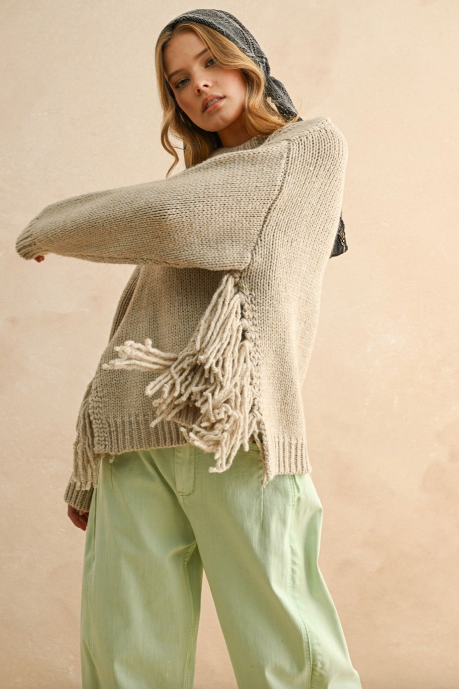 Fringe Bottom Detail Sweater - stone, womens sweater collection