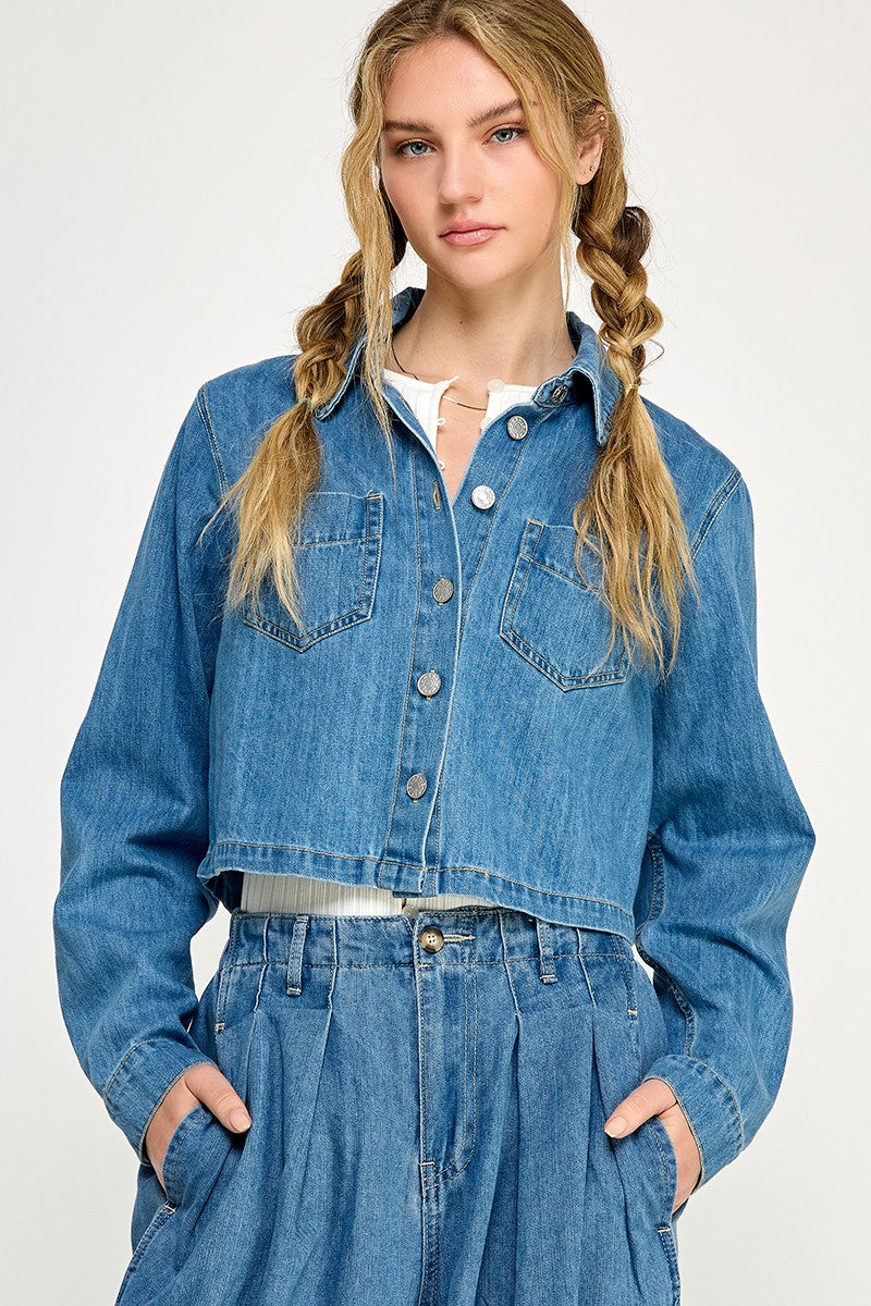 Two Pocket Denim Shirt Jacket - medium blue, womens jackets collection