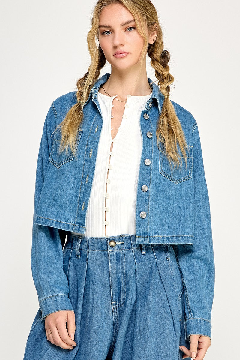 Two Pocket Denim Shirt Jacket - medium blue, womens jackets collection