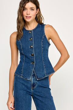 Fitted Button Front Top - denim blue, womens vest collection