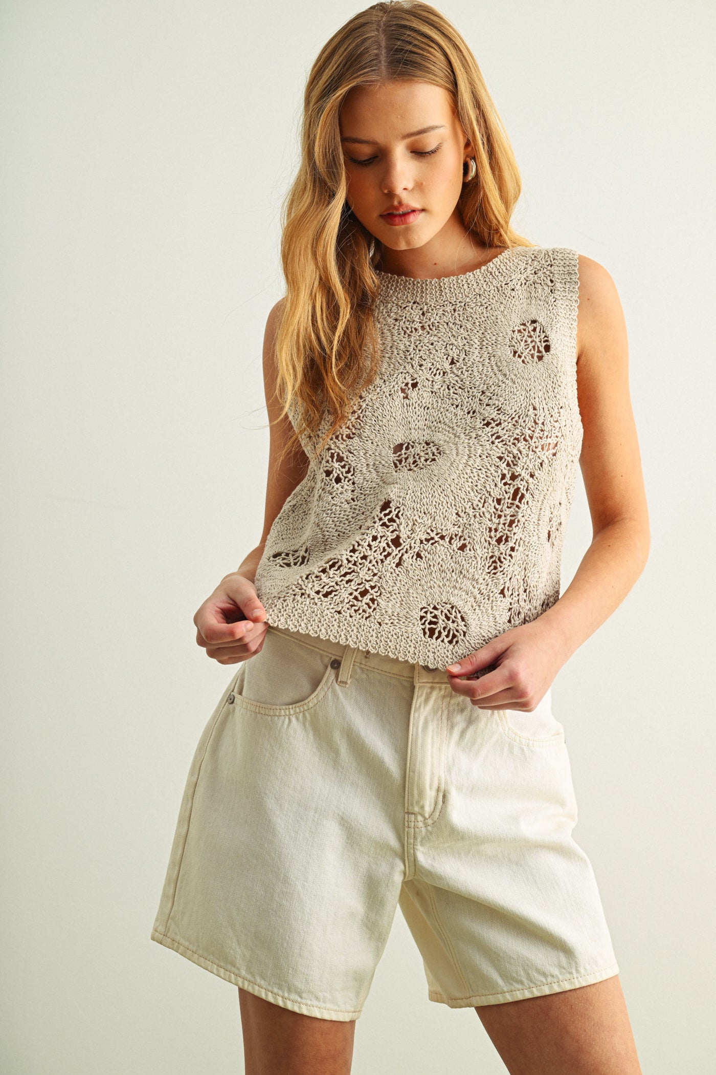 Floral Pattern Knit Top - stone, womens top collection