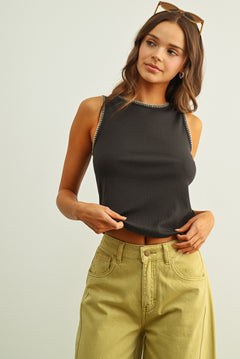 Mini Rib Knit Top With Stitch Detail